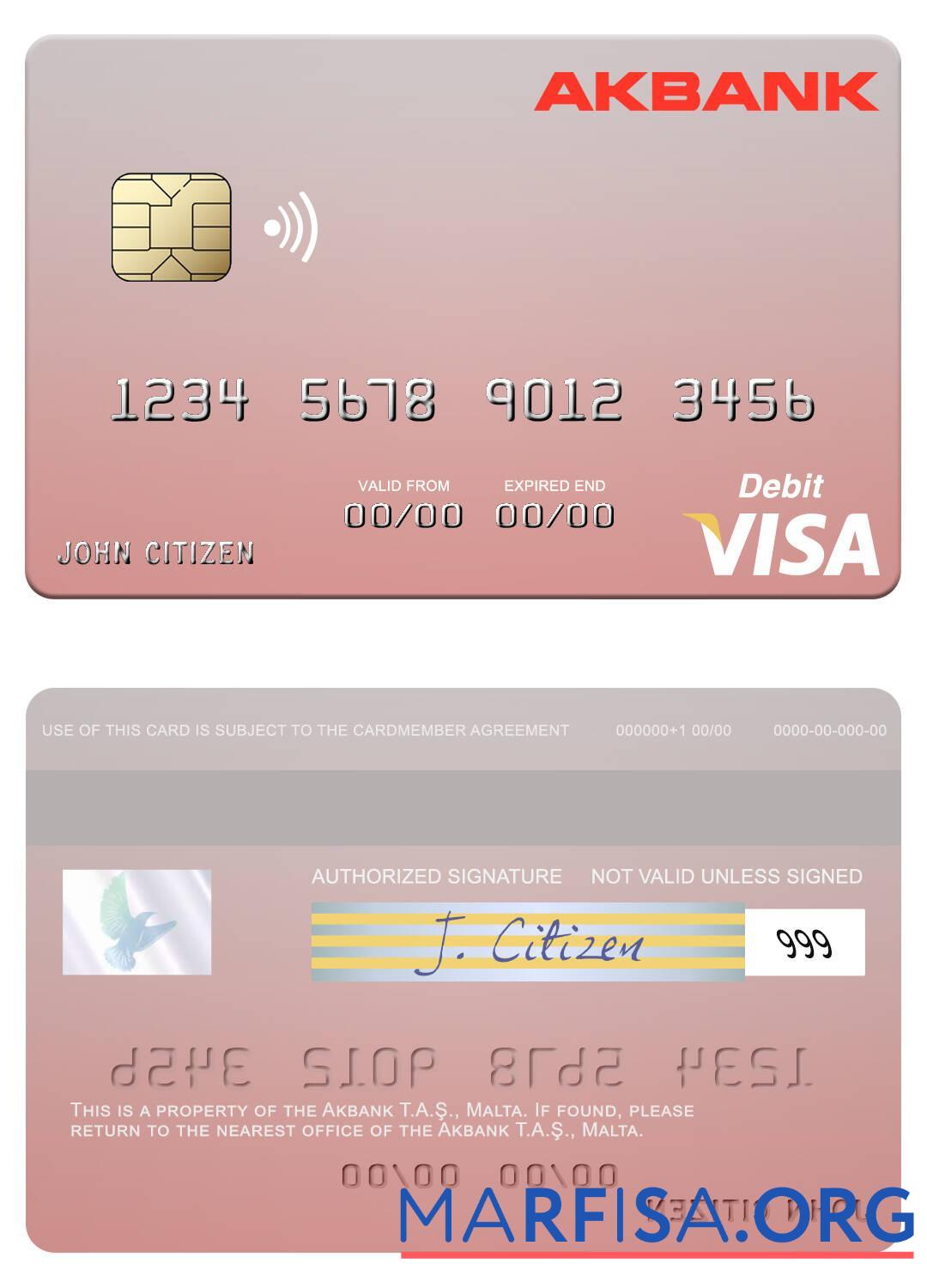 Realistic Malta Akbank T.A.Ş. visa debit card example